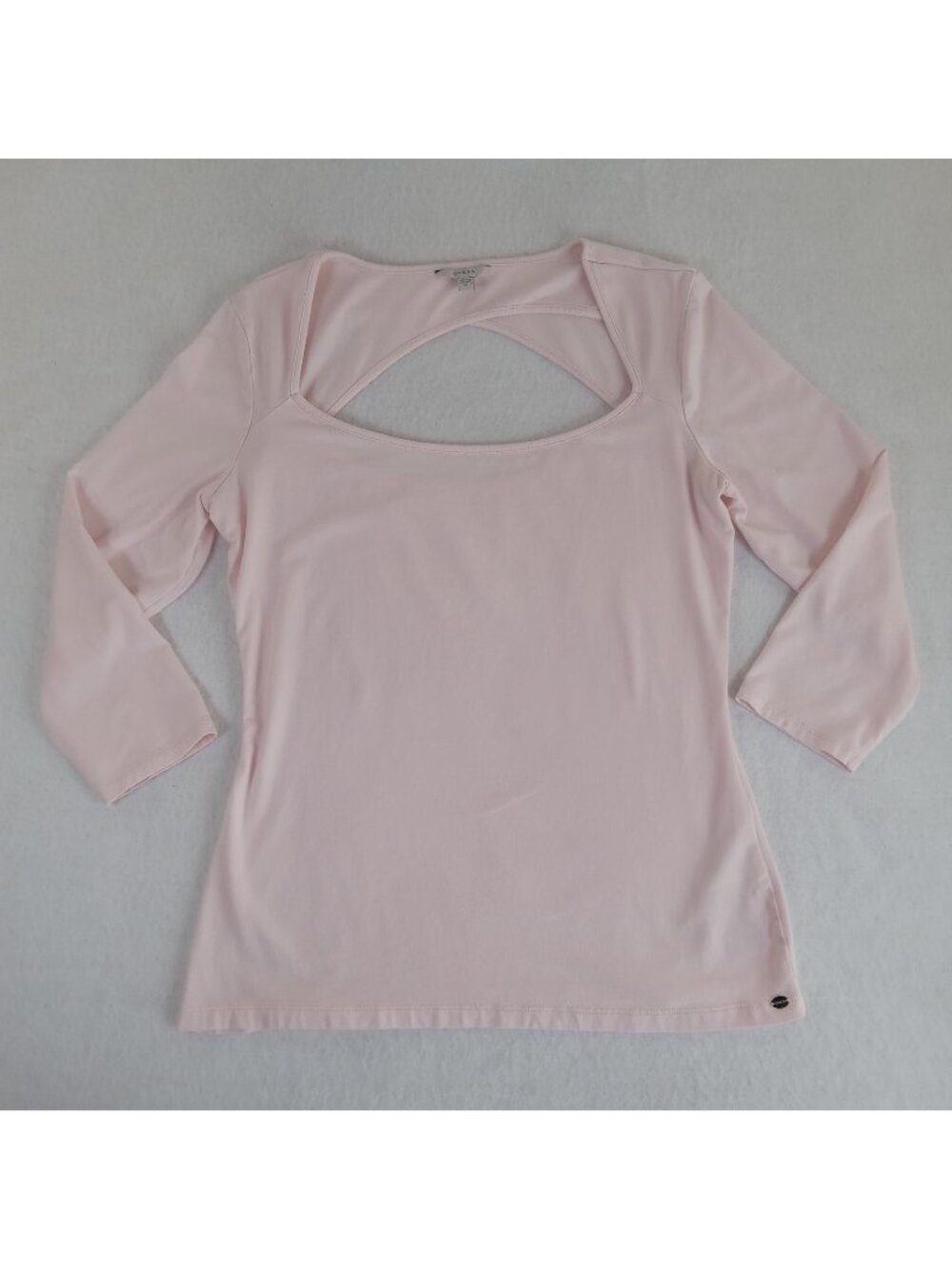 GUESS Womens XL Pink Square Neck 3/4 Sleeve Cut Out Back Top Blouse Cotton